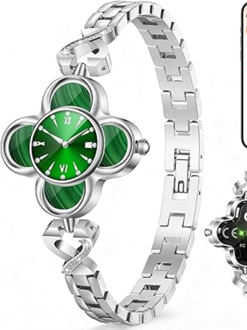 Women's Green Clover Shaped Watch Face-Smartwatch Waterproof Silver Band-NEW